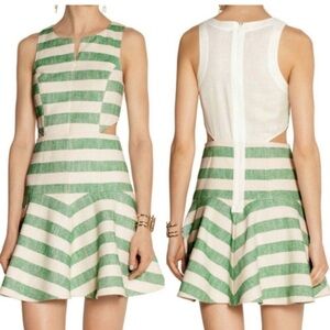 Tibi Green and White Striped Cutout Mini Dress